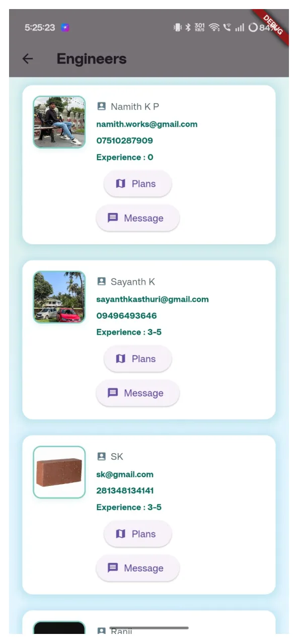 Engineer directory screen