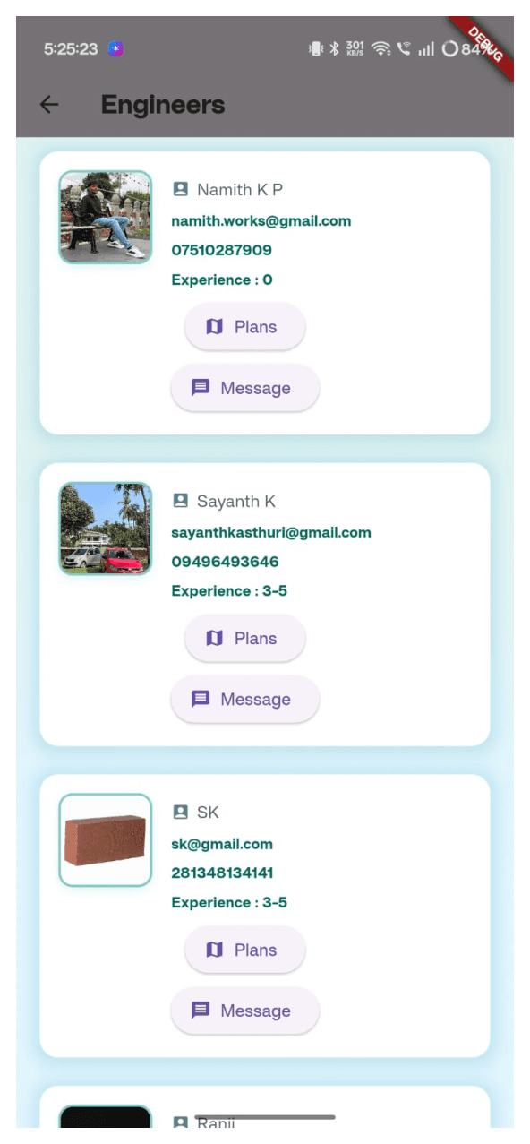 Engineer directory screen